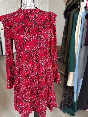 Time & Tru Women's Red Animal-Print Ruffle Long-Sleeve Dress